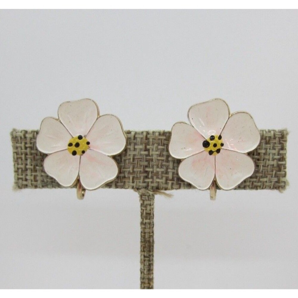 Vintage Enamel Flower Clip On Earrings Gold Tone Pansy